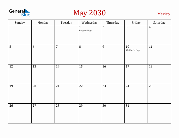 Mexico May 2030 Calendar - Sunday Start