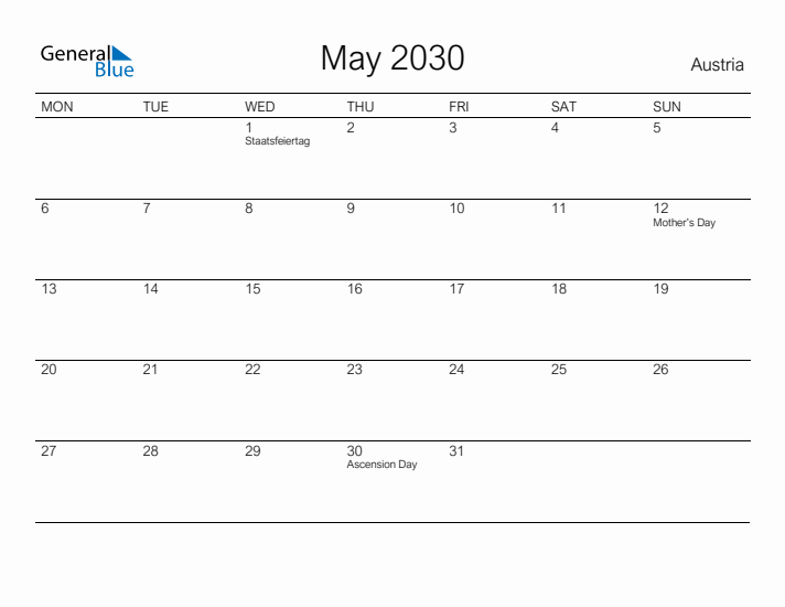 Printable May 2030 Calendar for Austria