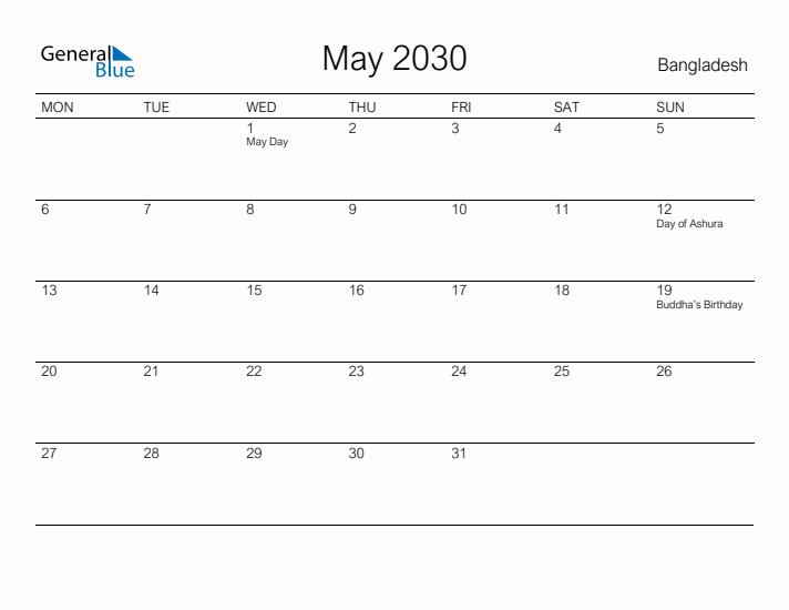 Printable May 2030 Calendar for Bangladesh