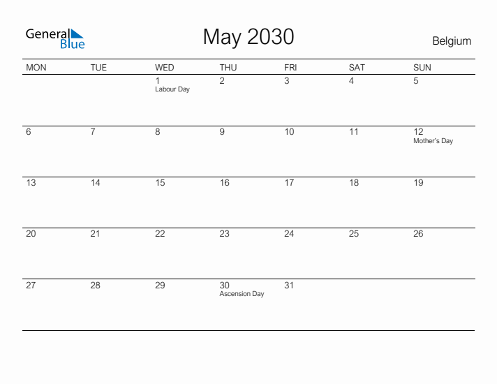 Printable May 2030 Calendar for Belgium