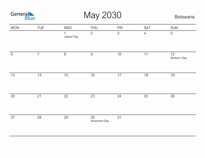 Printable May 2030 Calendar for Botswana