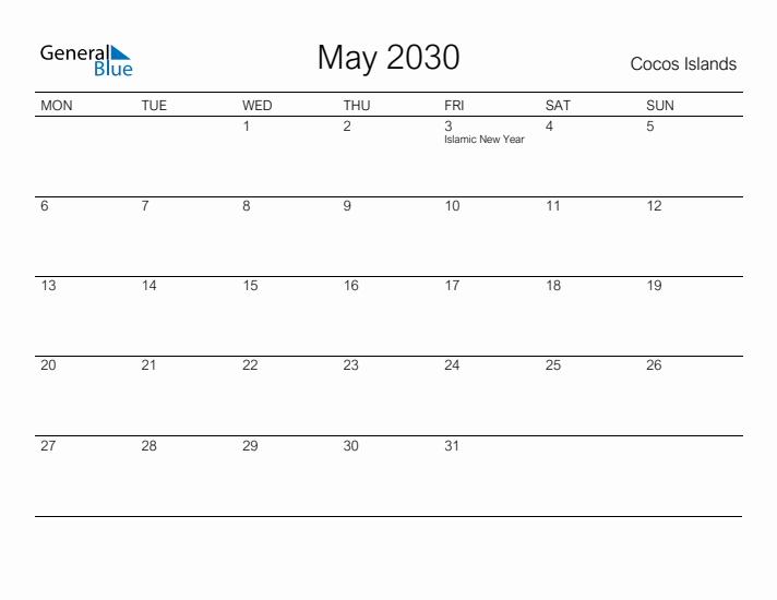 Printable May 2030 Calendar for Cocos Islands