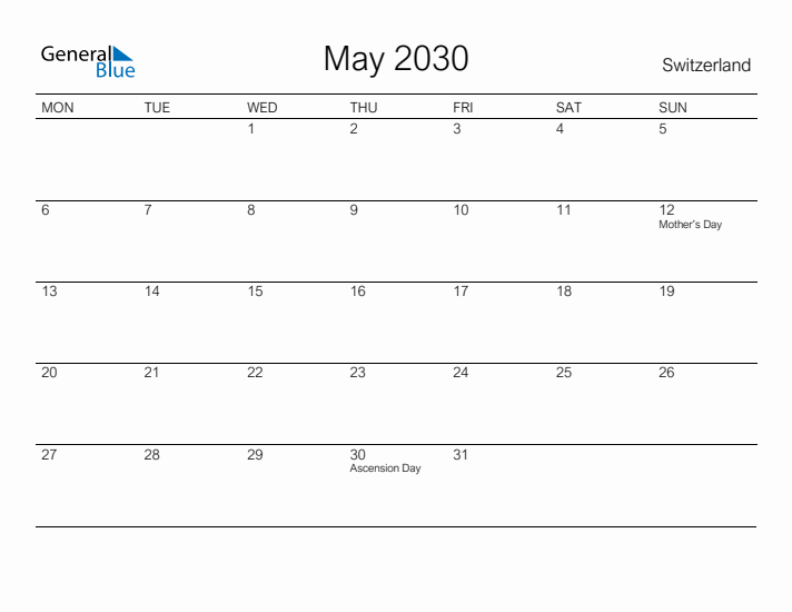 Printable May 2030 Calendar for Switzerland