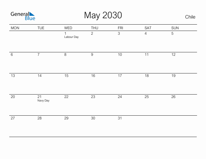 Printable May 2030 Calendar for Chile