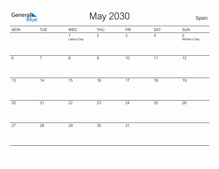 Printable May 2030 Calendar for Spain