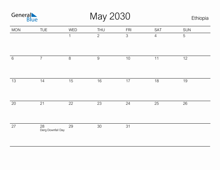 Printable May 2030 Calendar for Ethiopia