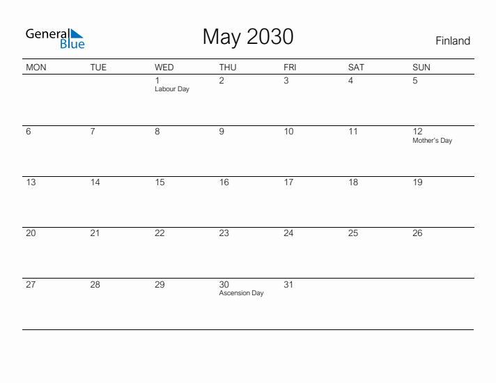 Printable May 2030 Calendar for Finland