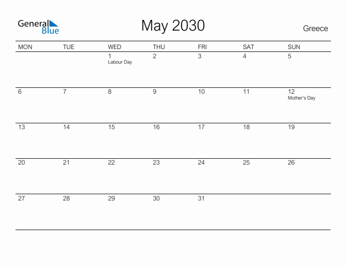 Printable May 2030 Calendar for Greece