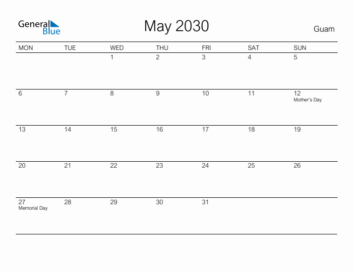 Printable May 2030 Calendar for Guam