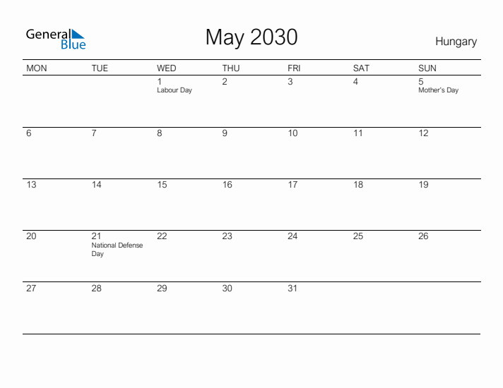 Printable May 2030 Calendar for Hungary