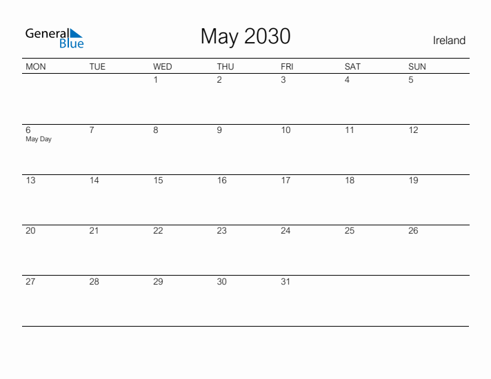 Printable May 2030 Calendar for Ireland