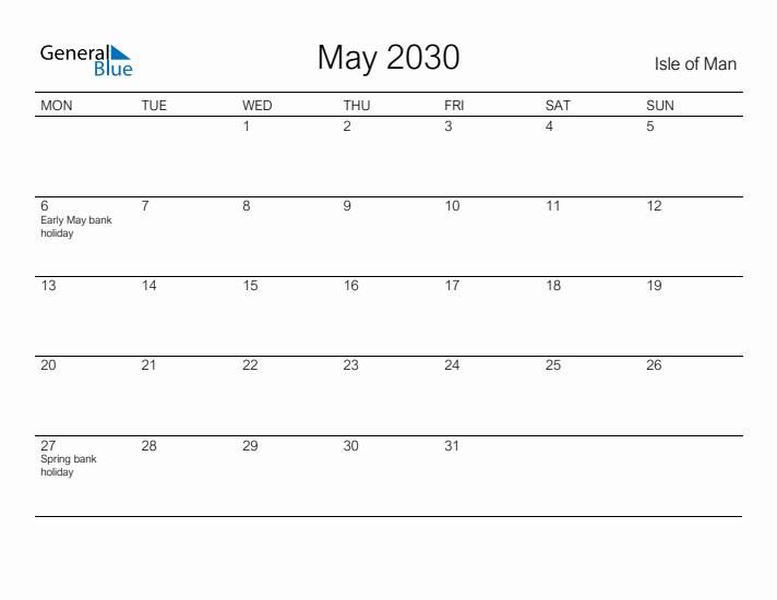 Printable May 2030 Calendar for Isle of Man