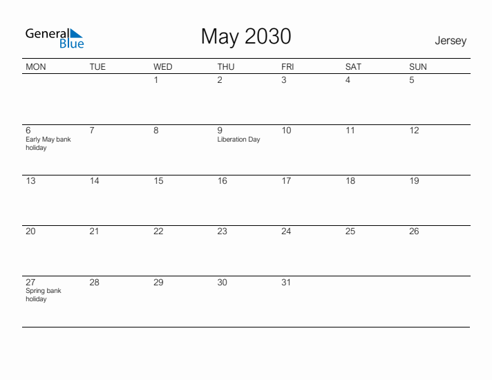 Printable May 2030 Calendar for Jersey