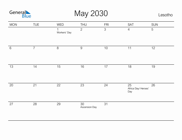 Printable May 2030 Calendar for Lesotho