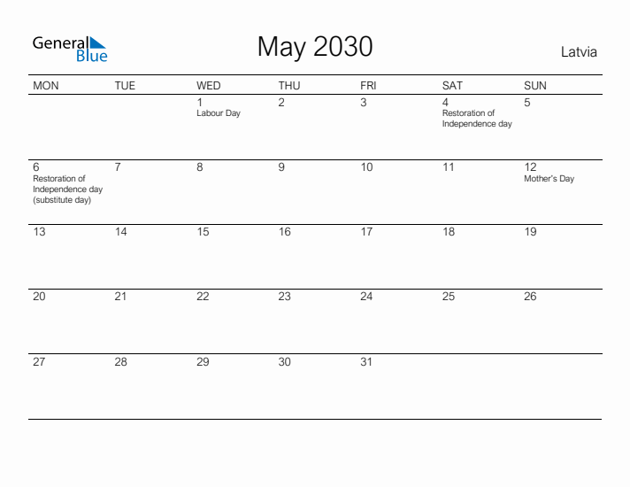 Printable May 2030 Calendar for Latvia