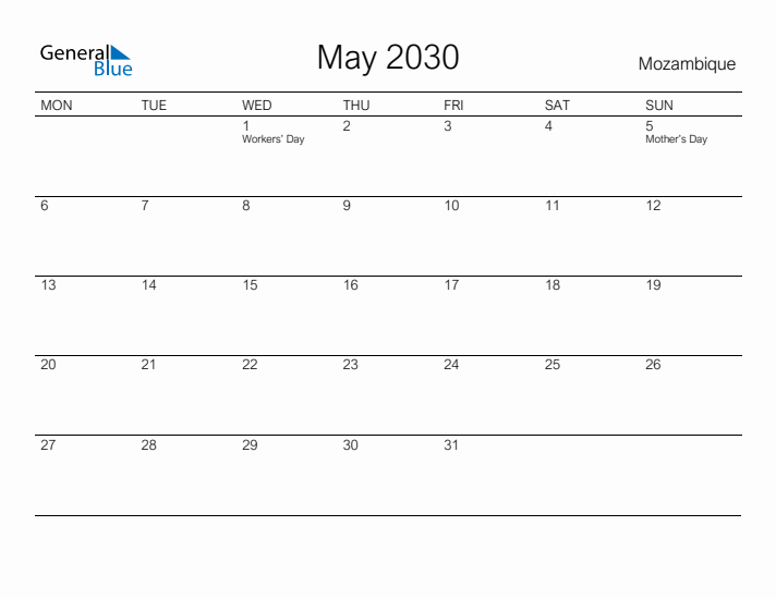 Printable May 2030 Calendar for Mozambique