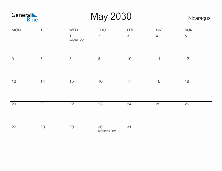 Printable May 2030 Calendar for Nicaragua