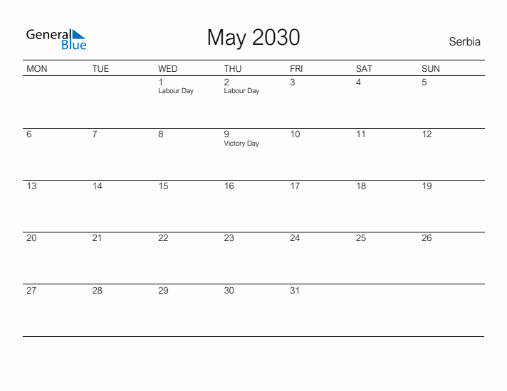 Printable May 2030 Calendar for Serbia