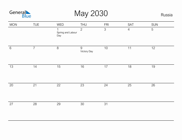 Printable May 2030 Calendar for Russia