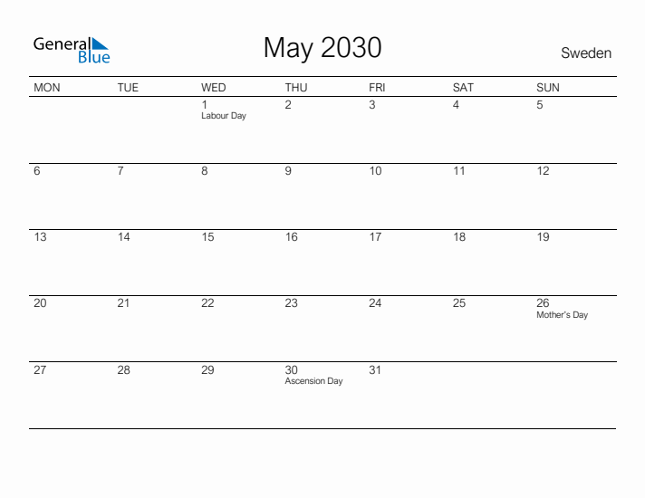 Printable May 2030 Calendar for Sweden