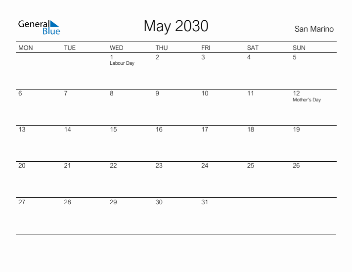 Printable May 2030 Calendar for San Marino