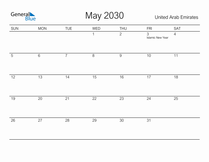 Printable May 2030 Calendar for United Arab Emirates