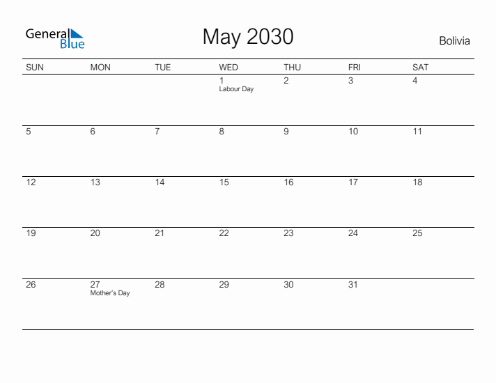 Printable May 2030 Calendar for Bolivia