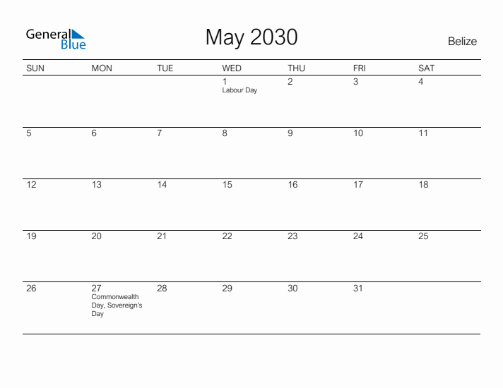 Printable May 2030 Calendar for Belize