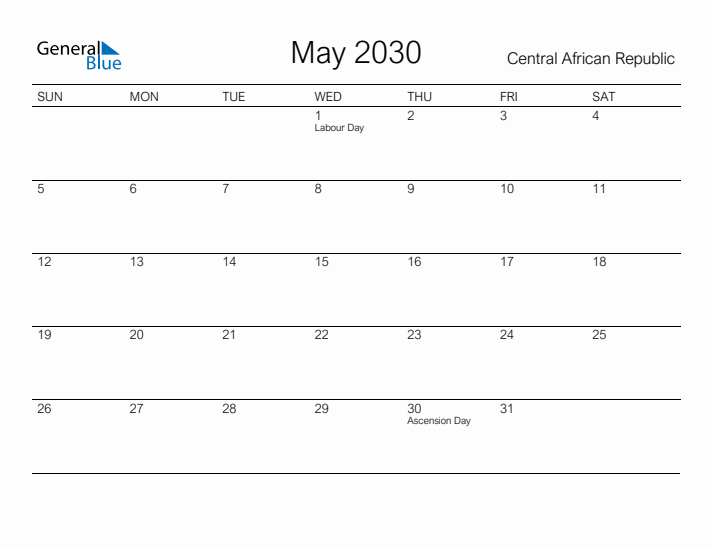 Printable May 2030 Calendar for Central African Republic