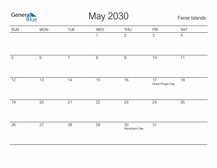 Printable May 2030 Calendar for Faroe Islands