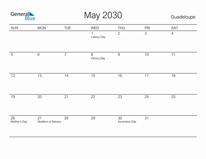 Printable May 2030 Calendar for Guadeloupe