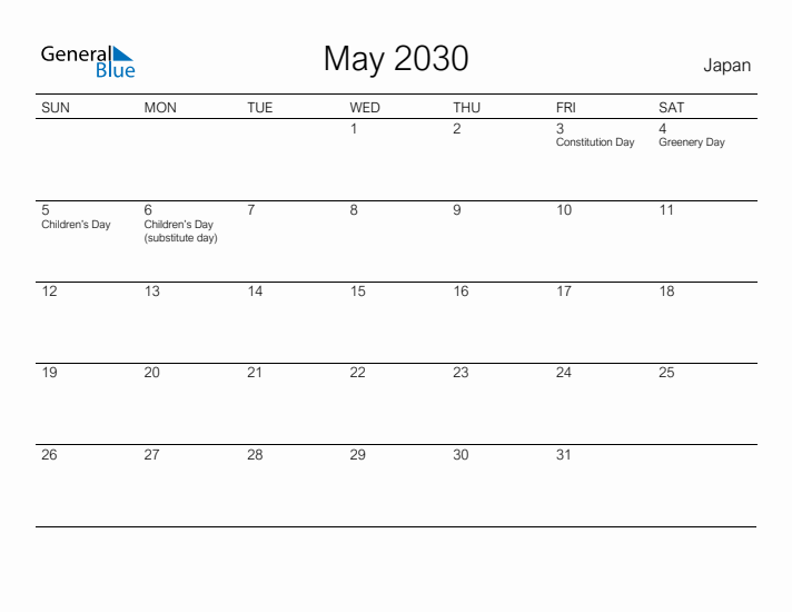 Printable May 2030 Calendar for Japan