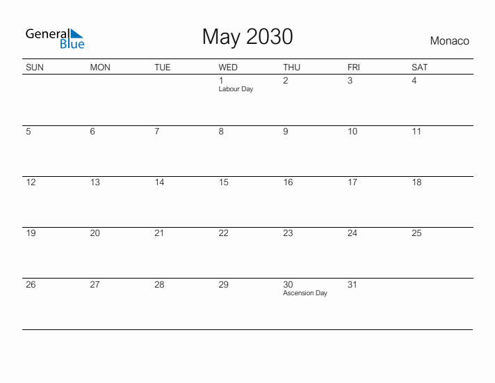 Printable May 2030 Calendar for Monaco