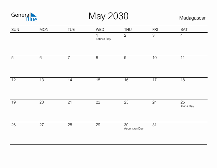 Printable May 2030 Calendar for Madagascar