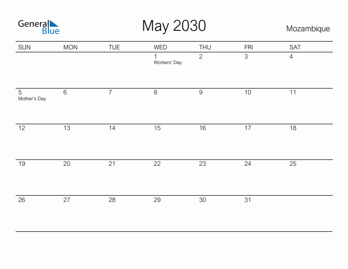 Printable May 2030 Calendar for Mozambique