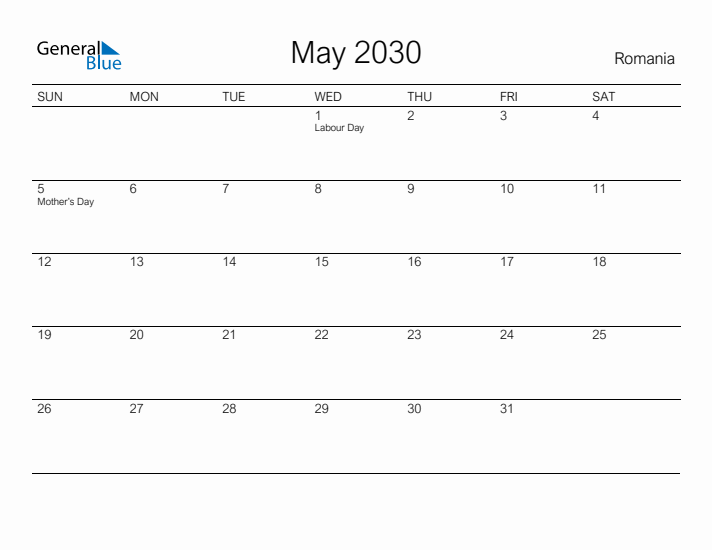 Printable May 2030 Calendar for Romania