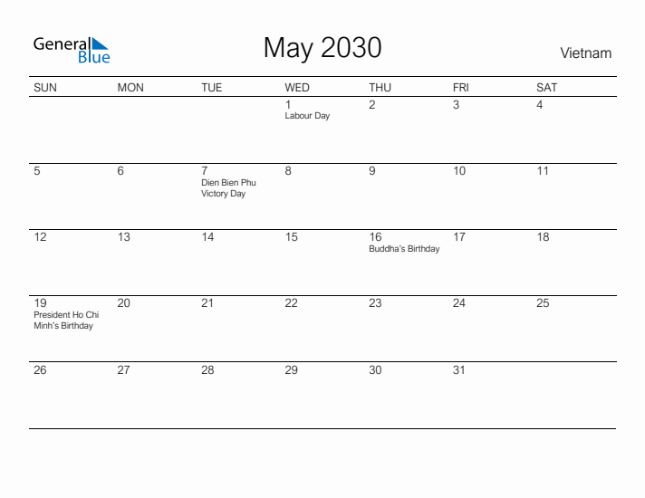 Printable May 2030 Calendar for Vietnam