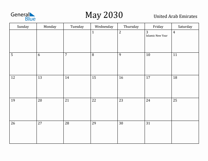 May 2030 Calendar United Arab Emirates