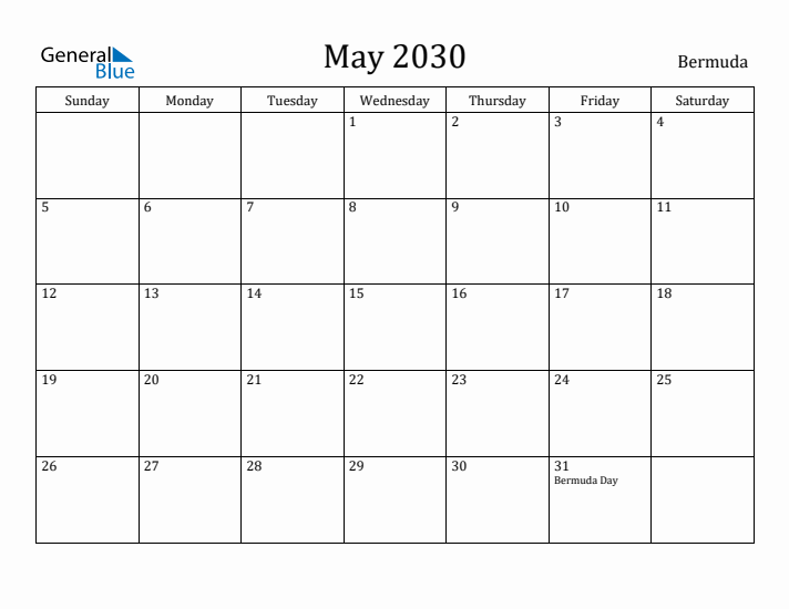 May 2030 Calendar Bermuda