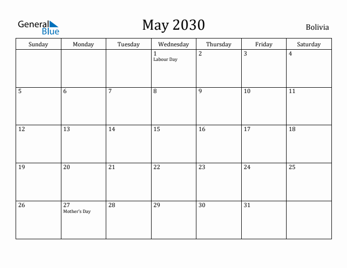 May 2030 Calendar Bolivia