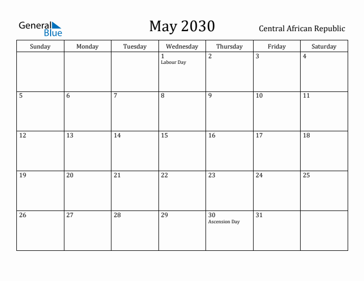 May 2030 Calendar Central African Republic