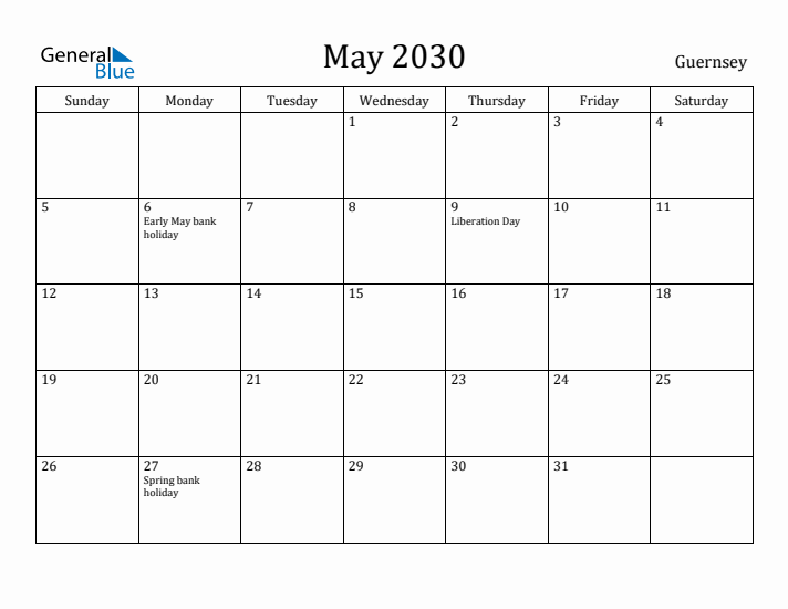 May 2030 Calendar Guernsey