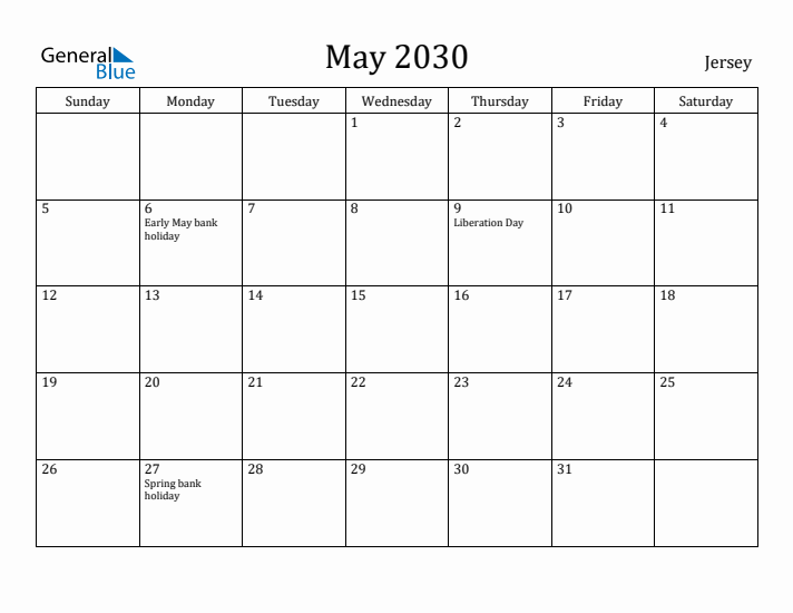 May 2030 Calendar Jersey