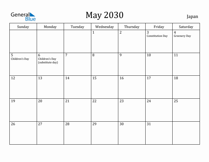 May 2030 Calendar Japan