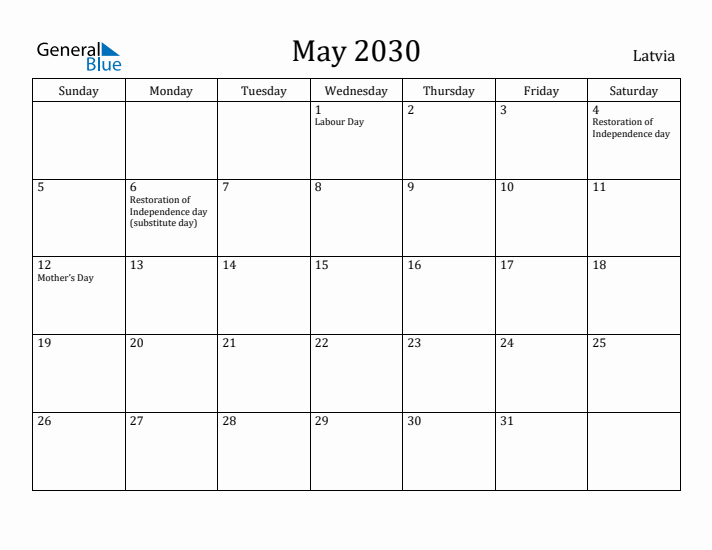 May 2030 Calendar Latvia