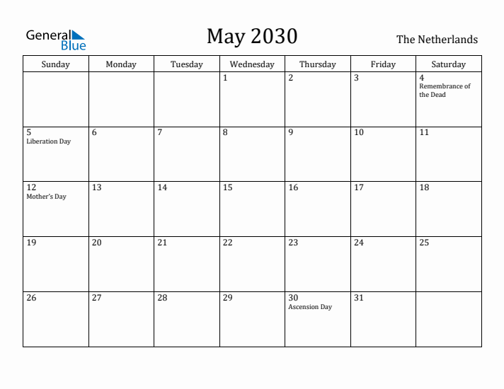 May 2030 Calendar The Netherlands