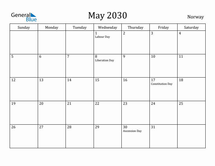 May 2030 Calendar Norway