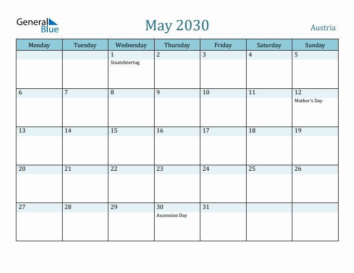 May 2030 Calendar with Holidays