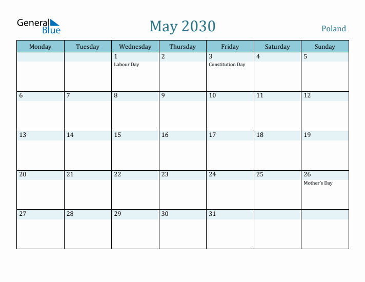 May 2030 Calendar with Holidays