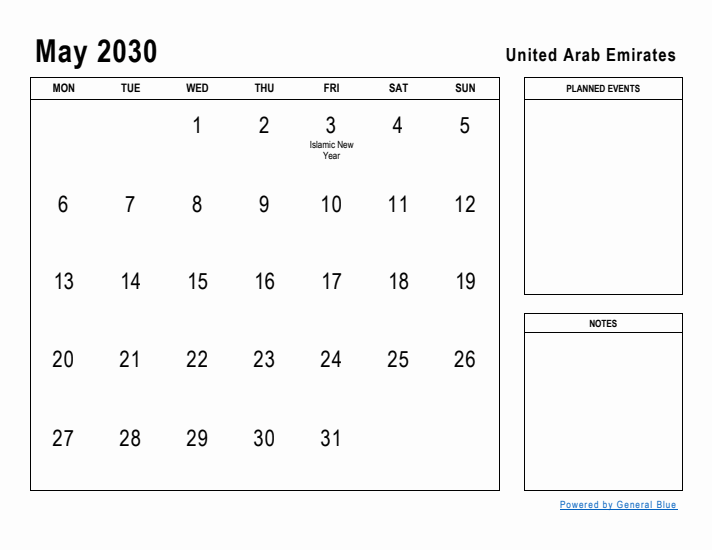 May 2030 Printable Monthly Calendar with United Arab Emirates Holidays